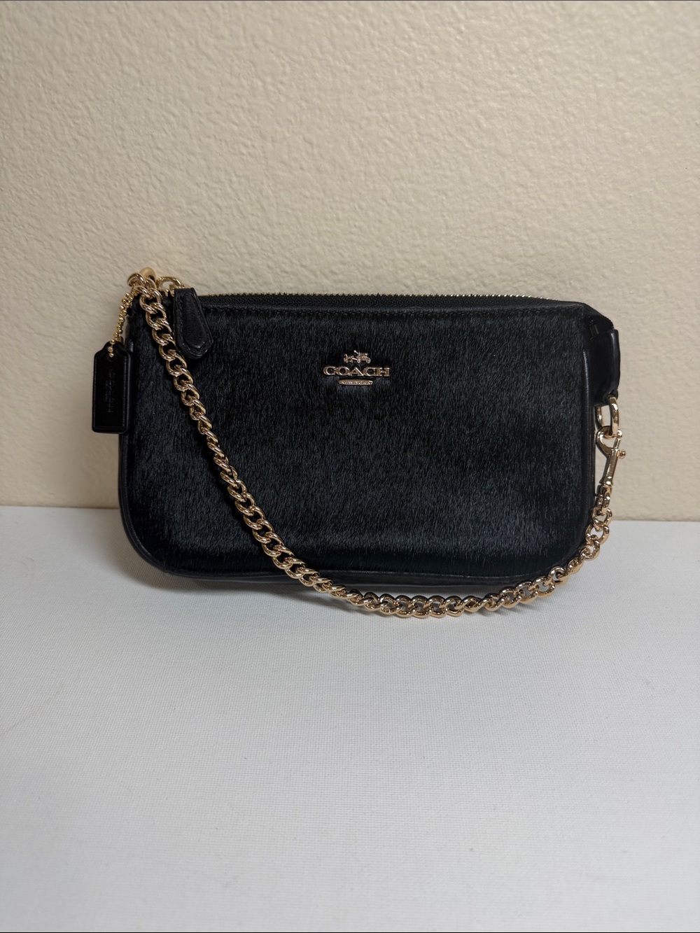Coach Black Haircalf Wristlet with Gold Chain